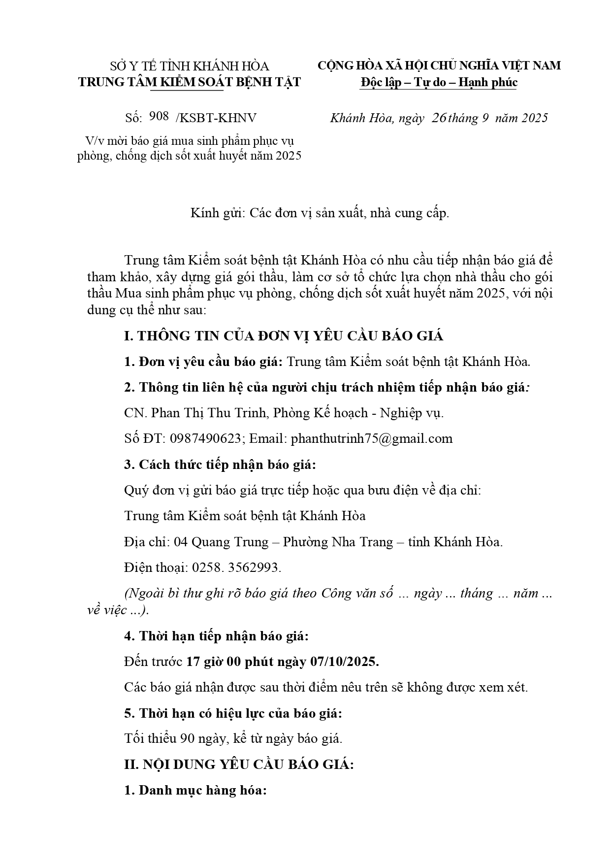 V/v mời báo giá mua sinh phẩm phục vụ phòng, chống dịch sốt xuất huyết năm 2025